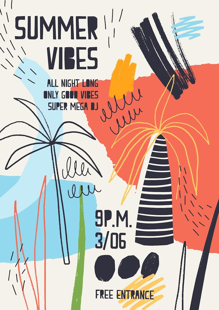 Vector colorful invitation or poster template decorated with tropical palm trees, paint stains, blots and scribble for summer open air dance party. vector illustration for summertime event advertising.