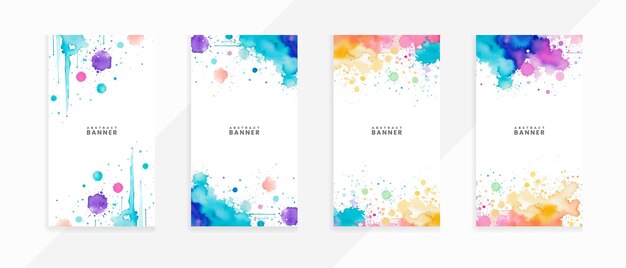 Colorful isolated bright drawn watercolor splash and stains banners set