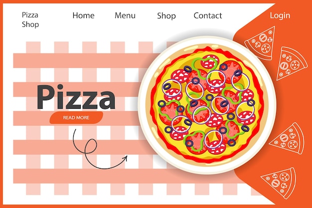 체크 무늬 식탁보에 다채로운 이탈리아 피자, 피자 가게 웹 디자인. 포스터, 웹 배너