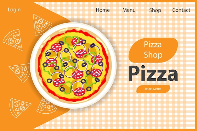 Красочная итальянская пицца на клетчатой скатерти, веб-дизайн для пиццерии. Плакат, веб-баннер