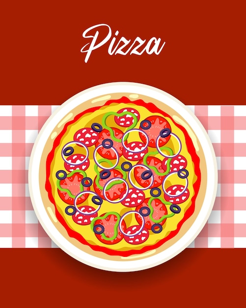 Colorful Italian pizza on a plate on a checkered napkin. Poster, retro banner, vector