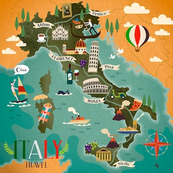 Mappa di viaggio colorata dell'italia con simboli di attrazione, segno della bussola e parole italiane per ciao sul lato sinistro