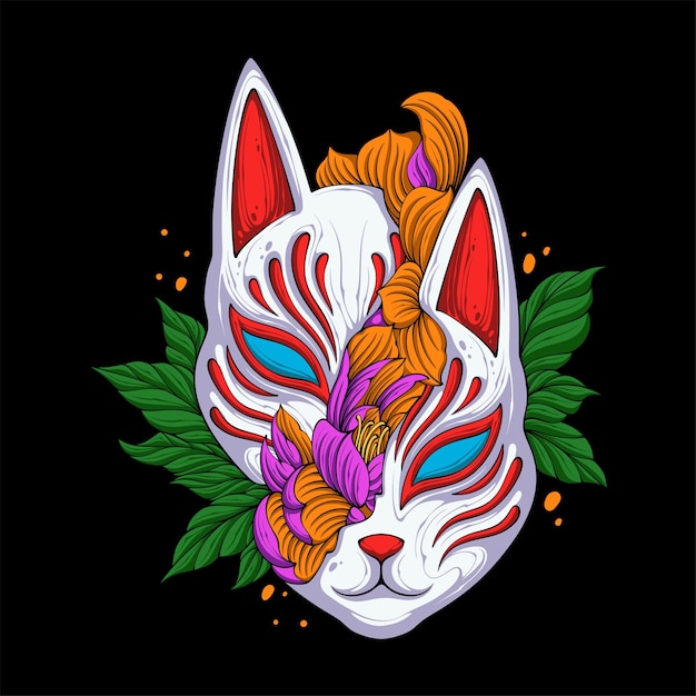 Vector colorful japanese fox mask cracked and covered with flowers and leaves for t shirt design