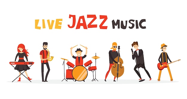 Vector colorful jazz festival musicians singers and musical instruments poster set flat isolated vector illustration in the flat style