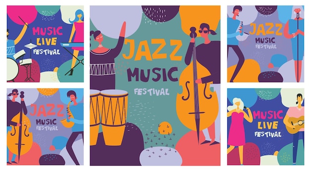 Colorato festival jazz musicisti cantanti e strumenti musicali poster set piatto illustrazione vettoriale isolato