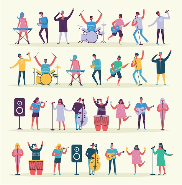 Vector colorful jazz festival musicians singers and musical instruments poster set flat isolated vector illustration