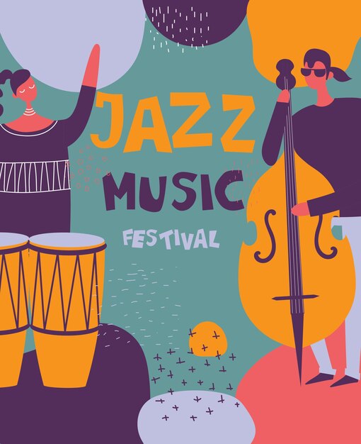 Colorful jazz music festival poster in flat design with musicians playing music instruments