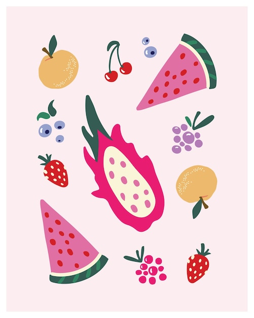 Colorful juicy fruit and berry vector poster design in y2k style