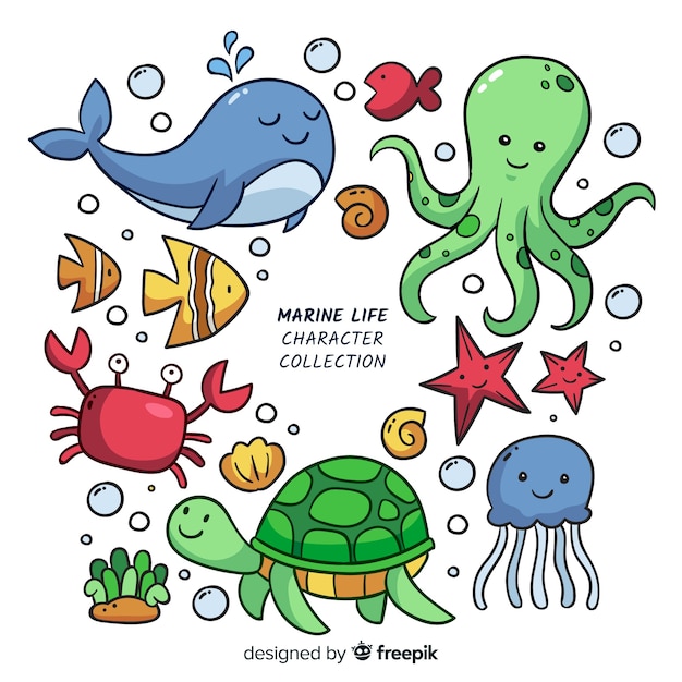 Vector colorful kawaii sea animals collection