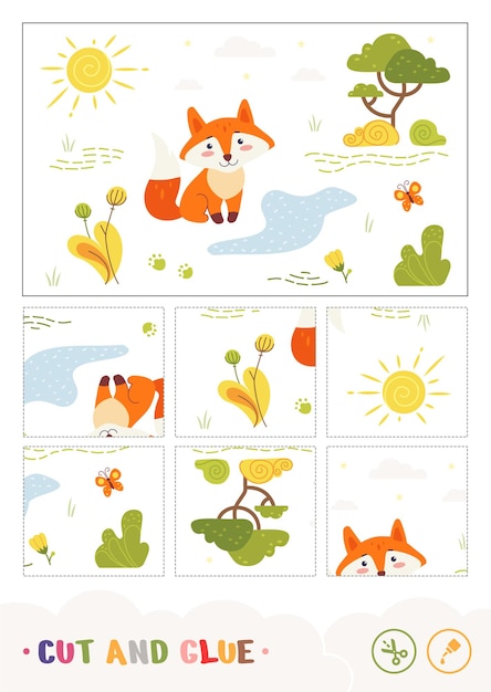 Colorful kids cut and glue paper game with a fox sitting near the forest stream wild animals presc