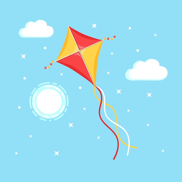 Colorful kite flying in blue sky, sun isolated on background