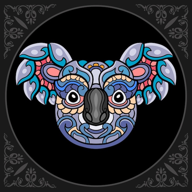 Colorful koala head zentangle arts isolated on black background