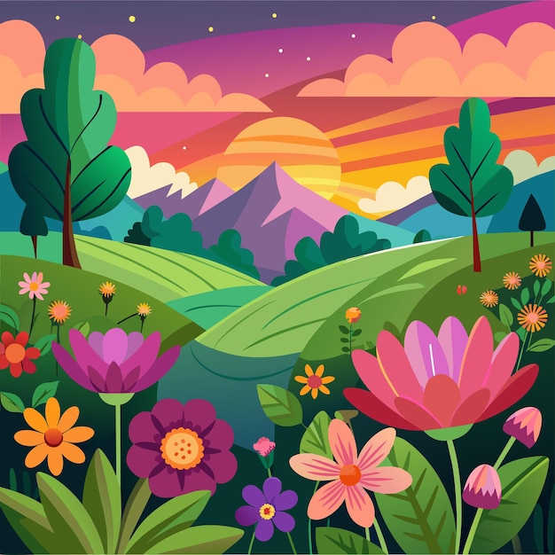 Vector a colorful landscape with flowers and mountains in the background