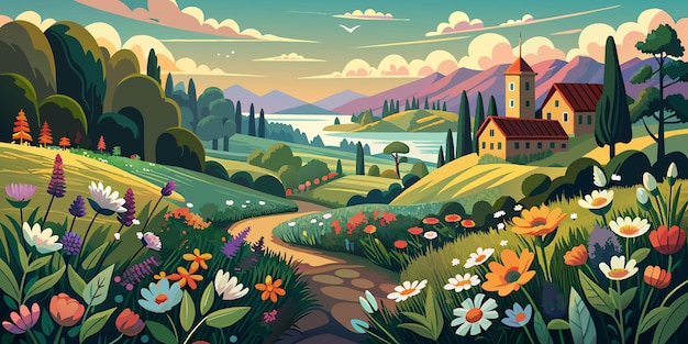 a colorful landscape with a house and mountains