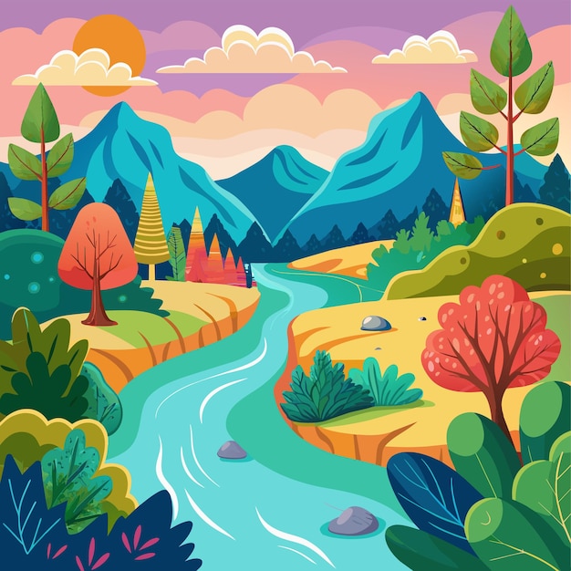 a colorful landscape with a river and mountains