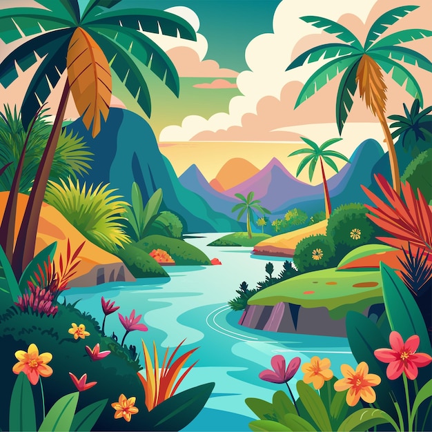 Vector a colorful landscape with a river and mountains