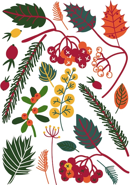 Colorful Leaves and Berries Autumn Floral Seamless Pattern Seasonal Decor Vector Illustration on White Background