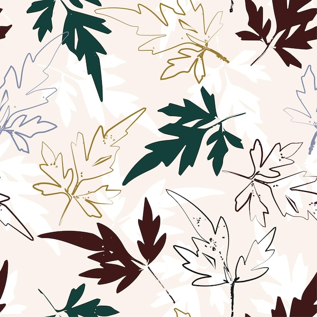 Colorful Leaves With Line Art Brush Seamless Pattern