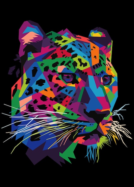 Testa di leopardo colorata in stile pop art isolata su sfondo nero