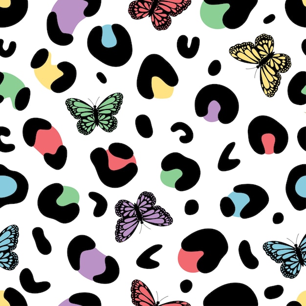 벡터 나비와 함께 다채로운 표범 인쇄 나비와 함께 고양이 발 패턴 leopard vector seamles