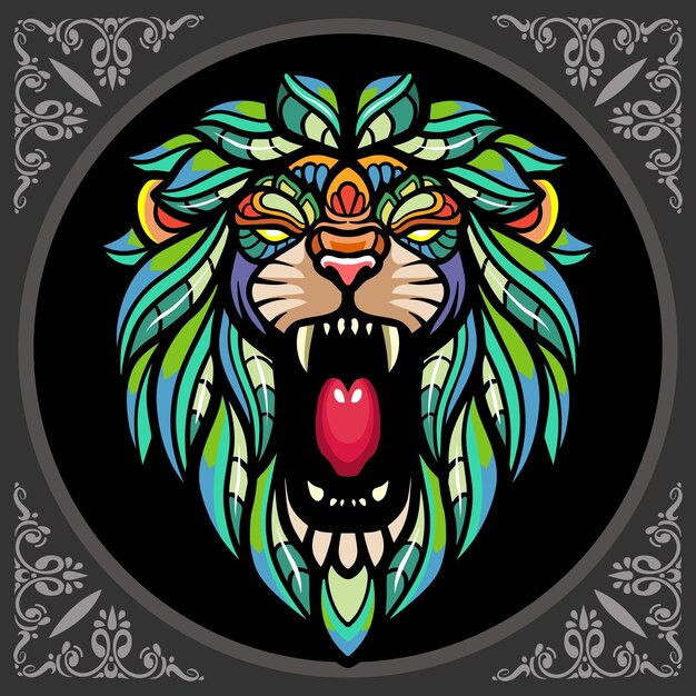 Colorful lion head zentangle art isolated on black background