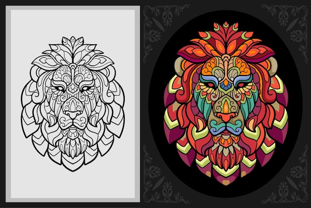 Colorful lion head zentangle art with black line sketch isolated on black and white background