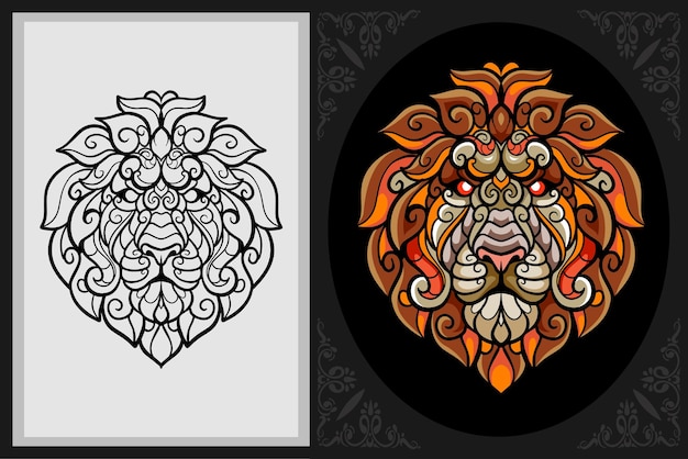 Colorful lion head zentangle art with black line sketch isolated on black and white