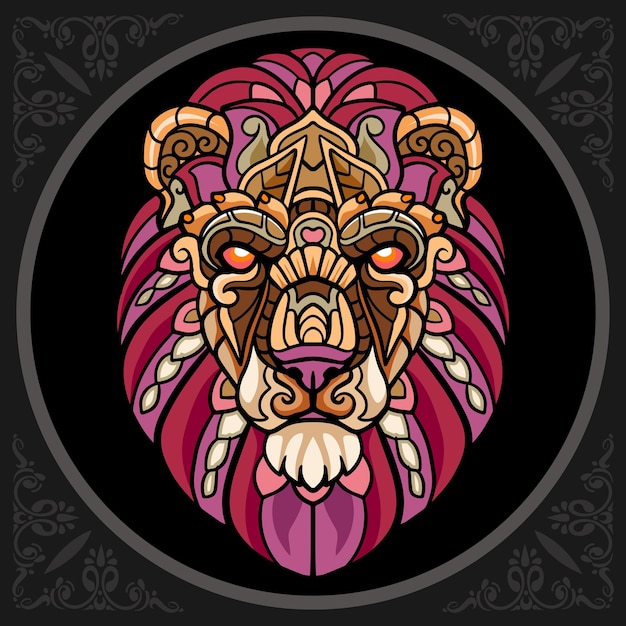 Красочные львиные головы zentangle искусства, изолированные на черном фоне