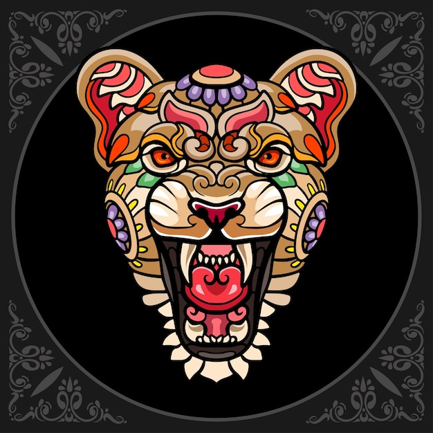 colorful lion head zentangle arts isolated on black background