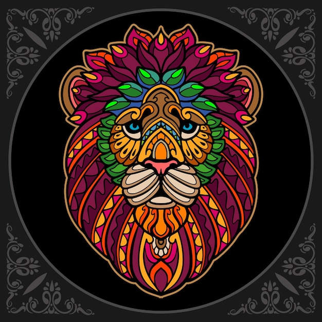 Colorful lion zentangle arts isolated on black background