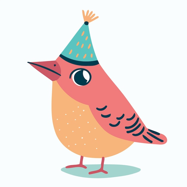 Colorful little bird wearing birthday hat