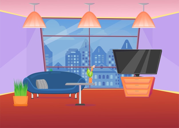 Colorful living room with sofa and city view window. cartoon illustration