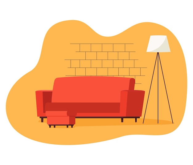 Vector colorful living room with sofa and footstool padded stool flat vector illustration