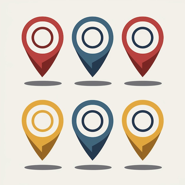 Vector colorful location markers for mapping and gps an illustration of six markers in red blue and yellow variations