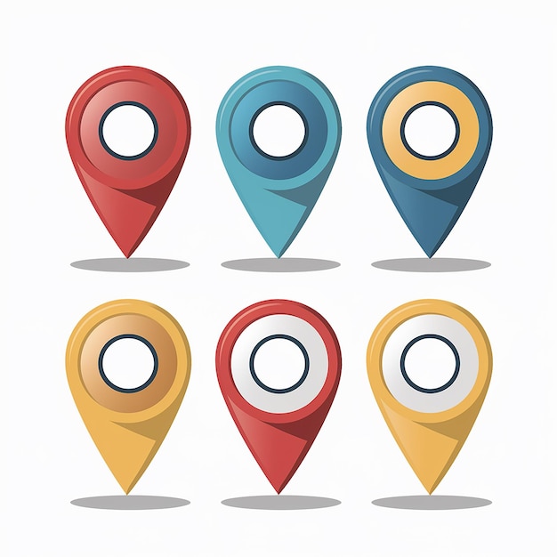 Vector colorful location markers for mapping and gps an illustration of six markers in red blue and yellow variations