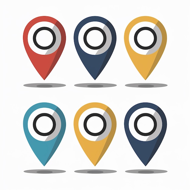 Colorful Location Markers for Mapping and GPS An Illustration of Six Markers in Red Blue and Yellow Variations