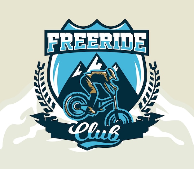 Colorful logo emblem label club riders perform tricks on a mountain bike on a background of mountains isolated vector illustration Club downhill freeride Print on Tshirts