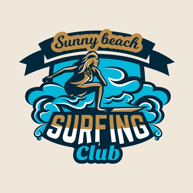 Colorful logo emblem sticker surfer girl is drifting on the waves vector illustration tshirt printing
