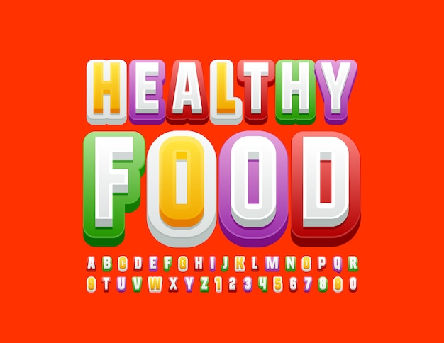 Vettore logo colorato cibo sano. carattere luminoso moderno. lettere e numeri dell'alfabeto alla moda