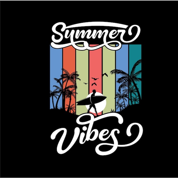 a colorful logo for summer is shown with palm trees in the background