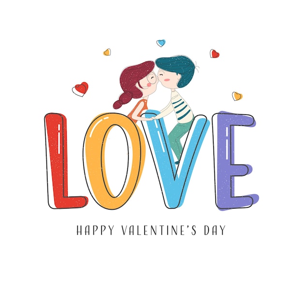 幸せなバレンタインデーのコンセプトのために白い背景でお互いにキスする子供たちのカップルとカラフルな愛のフォント。