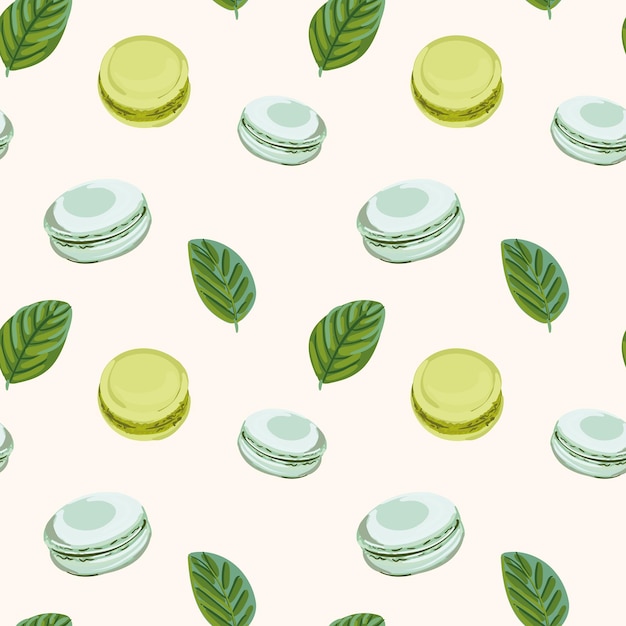 Colorful macarons with mint seamless pattern Vector illustration in flat style