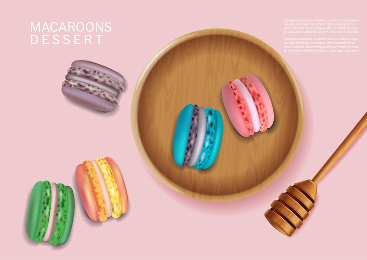 Vector colorful macaroons bowl vector realistic. 3d detailed illustrations