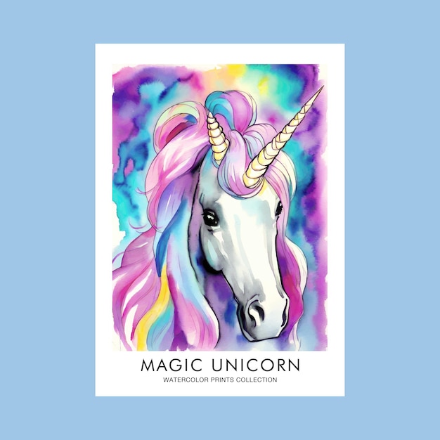Vector colorful magic unicorn watercolor painting