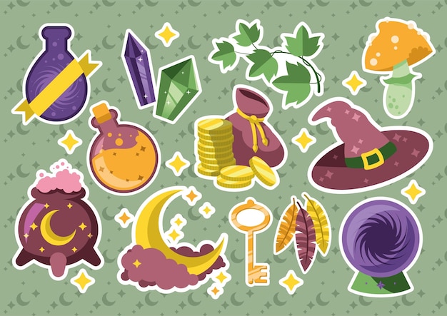 Vector colorful magical wizard flat-styled stickers