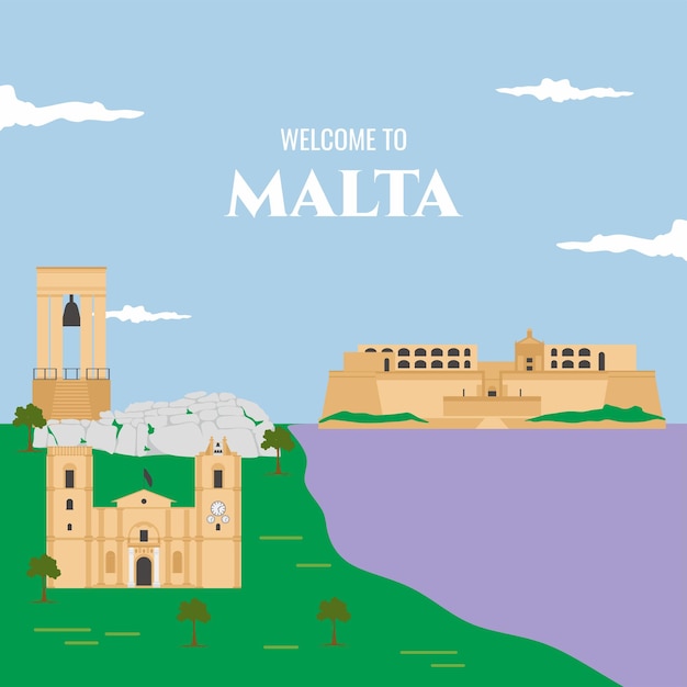 Colorful Malta landmark building background and lettering Welcome to Malta Cartoon landmarks tourist attractions Flat hand drawn vector illustration Valetta travel trip poster banner concept