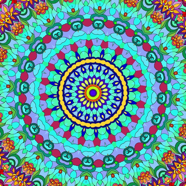 A colorful mandala with a floral pattern
