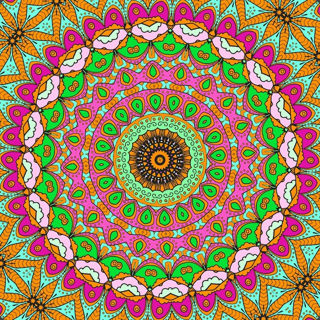 A colorful mandala with a pattern of flowers