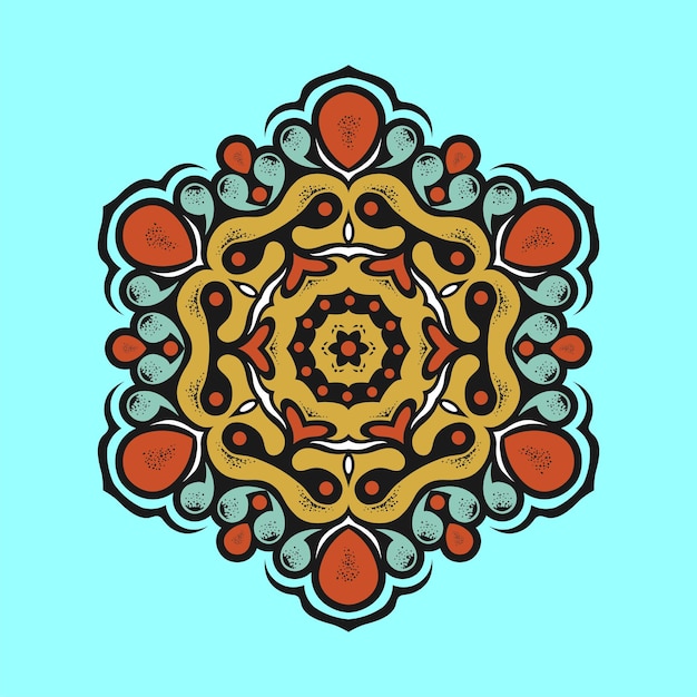 Un mandala colorato con un motivo di rosso, giallo e blu.