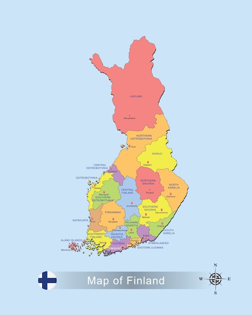 Mappa variopinta della finlandia con la capitale sull'illustrazione blu di vettore del fondo.